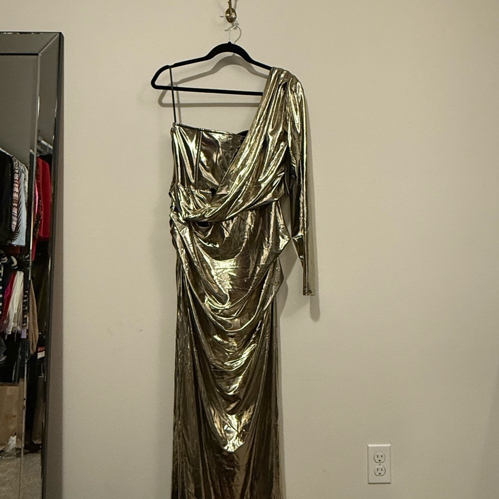 Silver Asymmetrical Ruched Gown with Slit for Cocktail - Picture 8 of 13